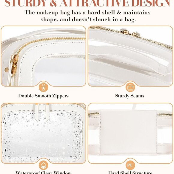 Clear Makeup Bag for Women - Waterproof Travel Toiletry Bag, Transparent Leather - Picture 3 of 7